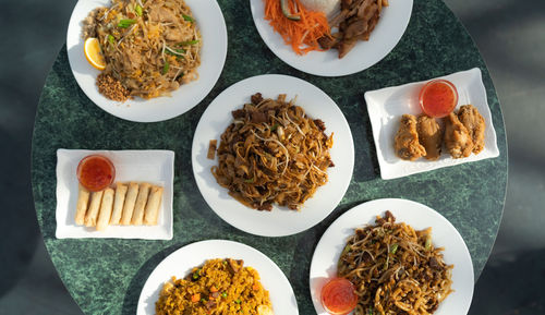 High angle view of food served on table