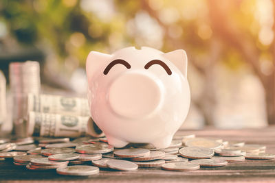 Close-up of coins on table