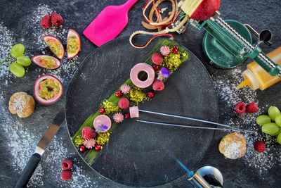 High angle view of multi colored candies on table