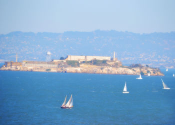 Sailboats sailing in sea against sky