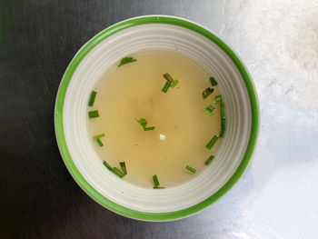 High angle view of soup in bowl on table