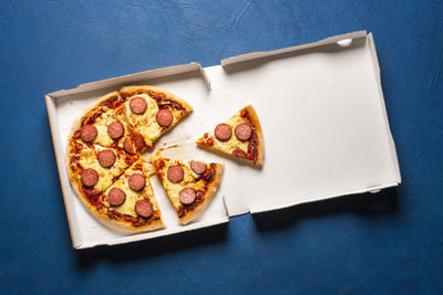 High angle view of pizza on table