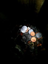 High angle view of coins