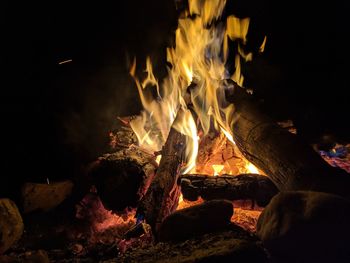 Bonfire on wooden log at night