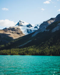 Scenic view of lake and snowcapped mountains against sky