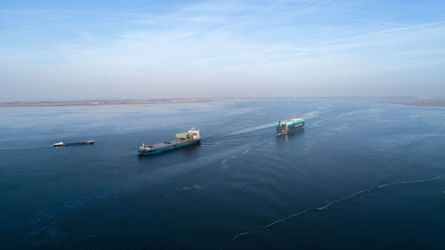 High angle view of ship in sea against sky