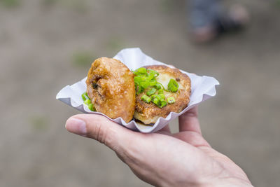 Cropped image of hand holding appetizers in disposable plate