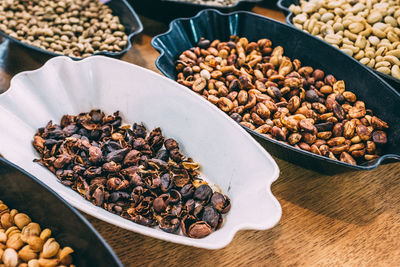 High angle view of food in bowls on table