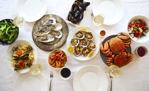 High angle view of breakfast served on table