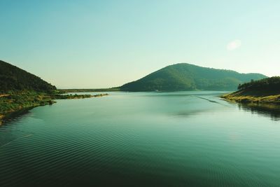 Scenic view of lake against clear sky