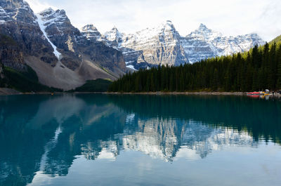 Scenic view of lake by snowcapped mountains