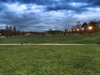 Grassy field against cloudy sky