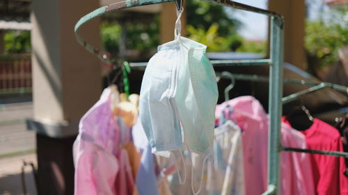 Close-up of pink flower hanging on clothesline