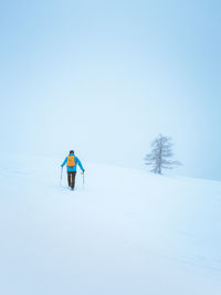 Rear view of man with hiking poles walking on snow covered land against sky