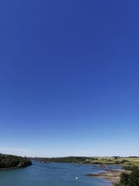 Scenic view of sea against clear blue sky