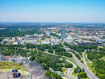 High angle view of buildings in city against clear sky