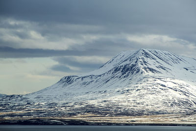 Snow-covered volcanic mountain landscape in iceland