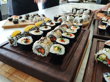 High angle view of sushi served on table