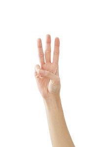 Close-up of human hand against white background