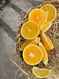 High angle view of orange fruit on table