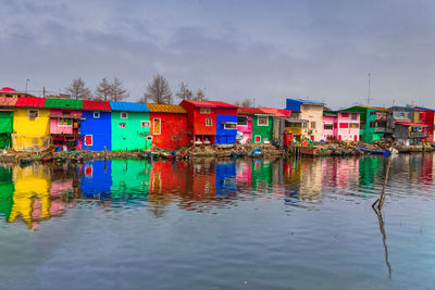 Multi colored buildings by river against sky