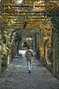 Rear view of man walking on footpath amidst buildings