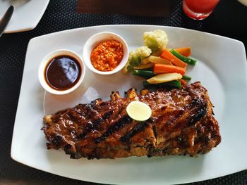 High angle view of meal served on table