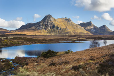 Scenic view of lake and mountains against sky