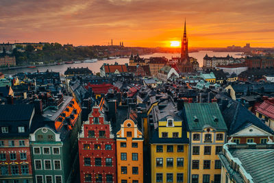 High angle view of buildings in city