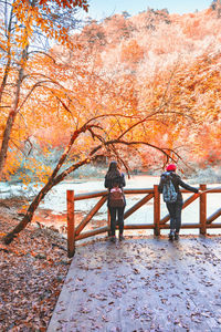 Rear view of man walking on footpath during autumn