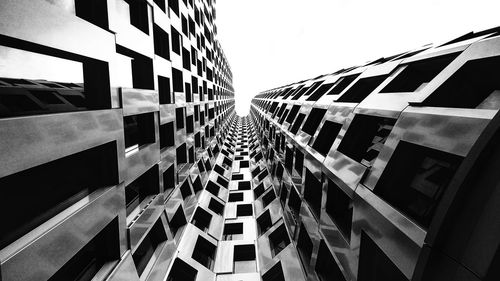 Directly below shot of modern buildings against sky in city