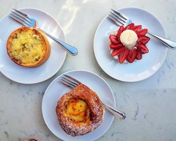 High angle view of breakfast served on table