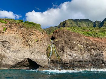 Panoramic view of rocks on sea shore against sky