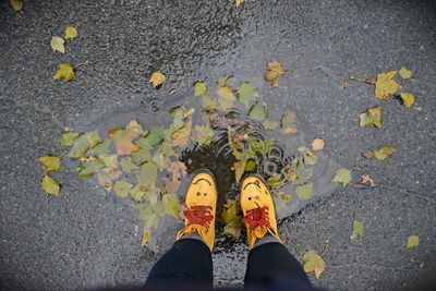Low section of woman standing in puddle on wet street