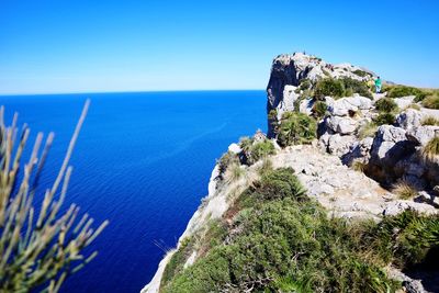Scenic view of sea against clear blue sky