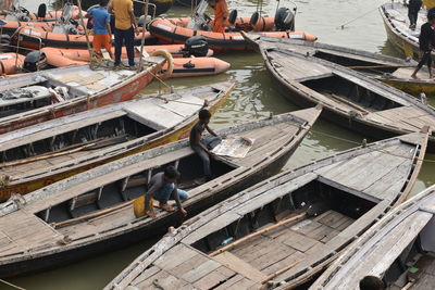 High angle view of boats moored at sea