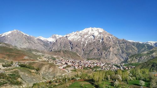 Scenic view of snowcapped mountains against clear blue sky