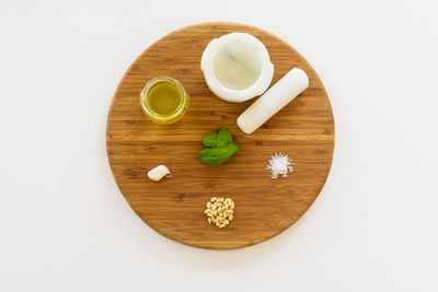 High angle view of food on table against white background