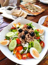 High angle view of breakfast served on table