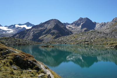 Scenic view of lake by mountains against clear blue sky