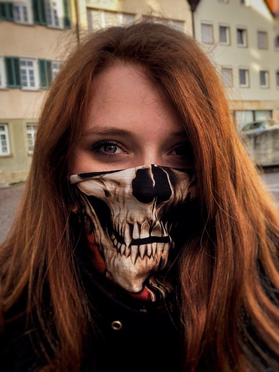 looking at camera, portrait, one person, redhead, focus on foreground, front view, architecture, building exterior, young adult, young women, halloween, real people, built structure, close-up, day, outdoors, adult, people, adults only