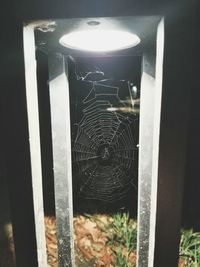 Close-up of spider web on metal window