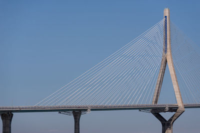 Low angle view of suspension bridge against clear blue sky