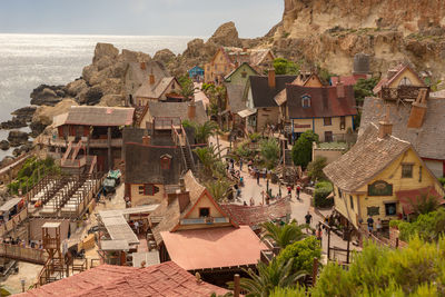 High angle view of houses in town