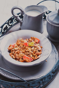 High angle view of food in plate on table