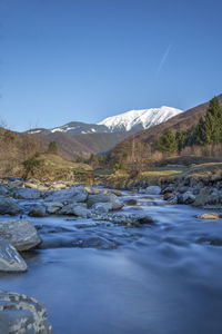 Scenic view of mountain range against clear sky