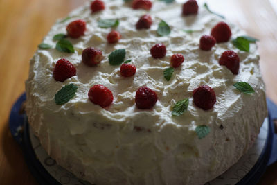 Close-up of cake served on table