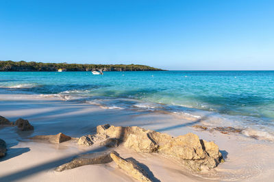 Scenic view of sea against clear blue sky