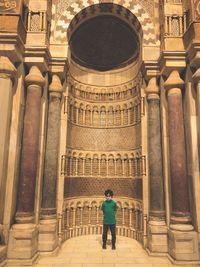 Rear view of man standing at historical building