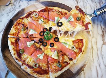 High angle view of pizza on table